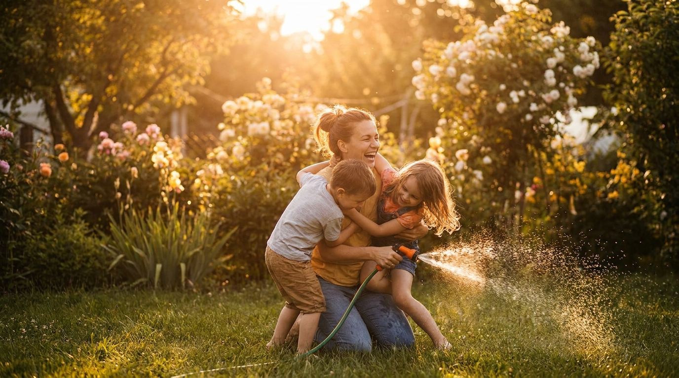 Eltern und zwei Kinder lachen zusammen im Garten in warmem Abendlicht