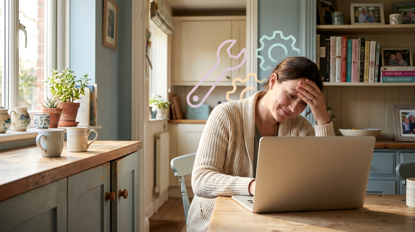 Elternteil am Laptop im hellen Morgenlicht einer Küche, leicht genervt von Plugin-Updates